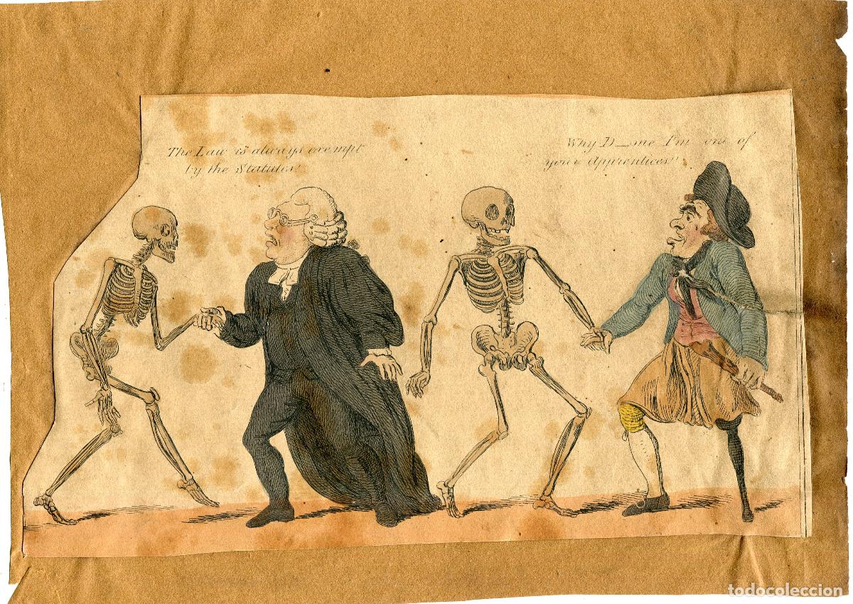 Arte: Danza de la muerte, abogado y marinero - aguafuerte coloreado Cruikshank - 1808