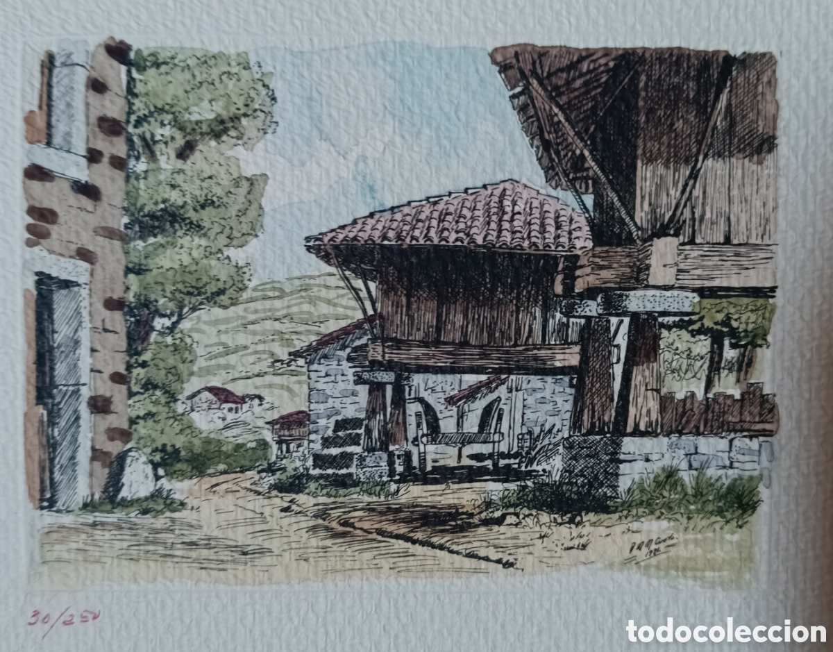 Art: Grabado iluminado horreos en aldea asturiana por Cueto 1980