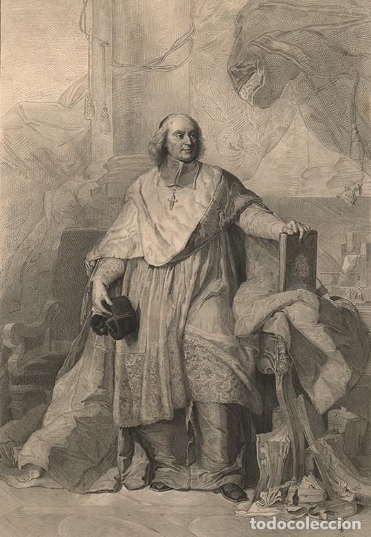 Arte: GRABADO AL ACERO 1868, HYACINTHE RIGAUD, RETRATO DE JACOBO BENIGNO BOSSUET, OBISPO DE MEAUX, INFOLIO