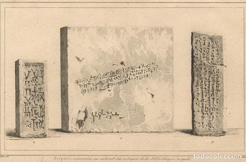 Arte: GRABADO AL ACERO DE 1852, LADRILLOS CON ESCRITURA CUNEIFORME, ANTIGUA MESOPOTAMIA, DE LEMA&Icirc;TRE
