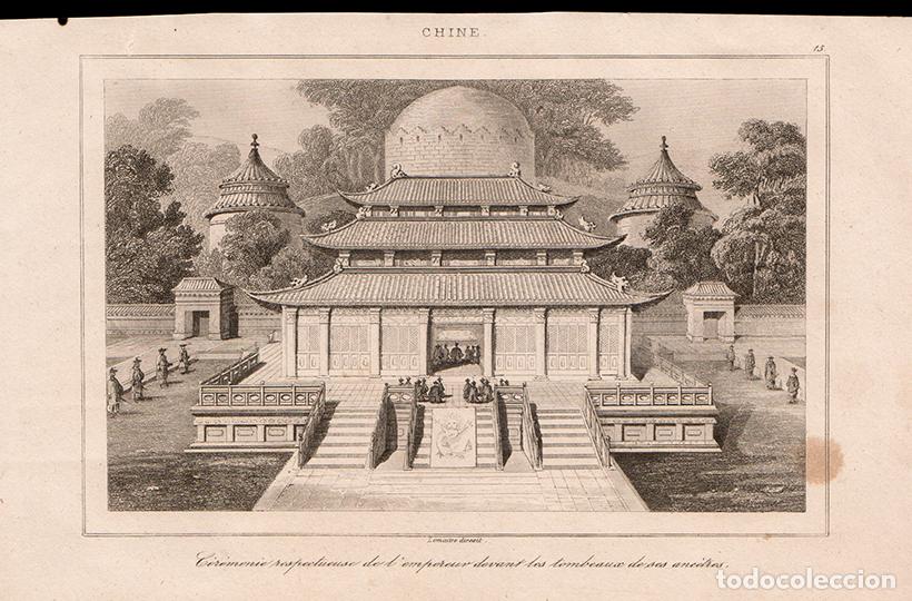 Arte: GRABADO AL ACERO DE 1853, CEREMONIA DE RESPETO DEL EMPERADOR A SUS ANTEPASADOS, CHINA, DE LEMA&Icirc;TRE