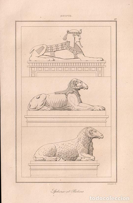 Arte: GRABADO AL ACERO DE 1839, TRES ESFINGES (ANTROPOMORFA Y CRIOC&Eacute;FALAS), AM&Oacute;N, ANTIGUO EGIPTO, LEMA&Icirc;TRE