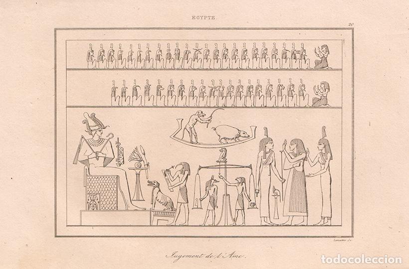 Arte: GRABADO AL ACERO DE 1839, ESCENA DEL LIBRO DE LOS MUERTOS EGIPCIO, ANTIGUO EGIPTO, DE LEMA&Icirc;TRE