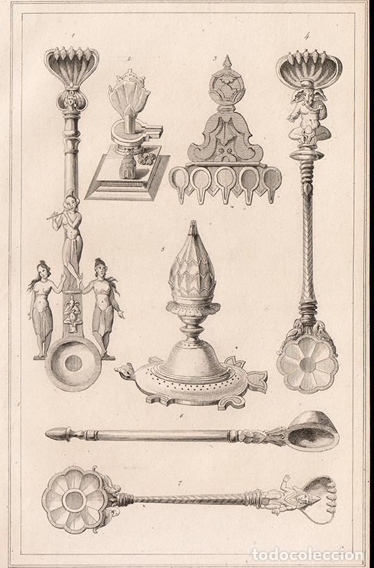 Arte: GRABADO AL ACERO DE 1845, UTENSILIOS EMPLEADOS EN SACRIFICIOS, HINDUISMO BRAHM&Aacute;NICO, INDIA, LEMA&Icirc;TRE