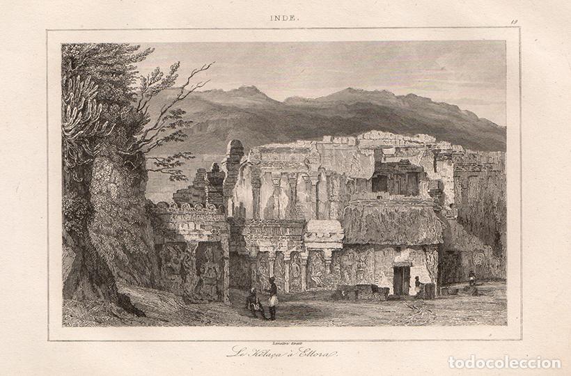 Arte: GRABADO AL ACERO DE 1845, TEMPLO DE KAILASANATHA, GRUTAS DE ELLORA, LA INDIA, DE LEMA&Icirc;TRE