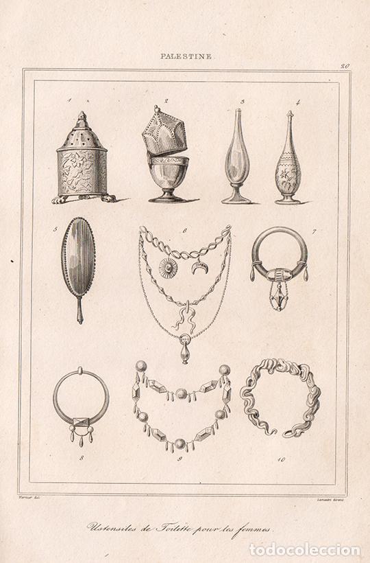 Arte: GRABADO AL ACERO DE 1845, CAT&Aacute;LOGO DE &Uacute;TILES FEMENINOS DE TOCADOR EN LA ANTIGUA PALESTINA, LEMA&Icirc;TRE