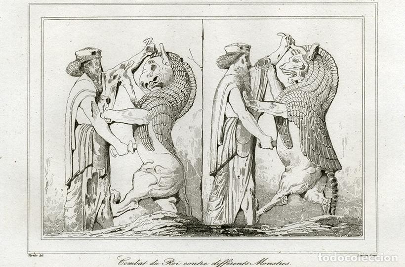 Arte: GRABADO AL ACERO DE 1841, COMBATE REY PERSA CON MONSTRUOS, ANTIGUA PERSIA, IR&Aacute;N, DE LEMA&Icirc;TRE