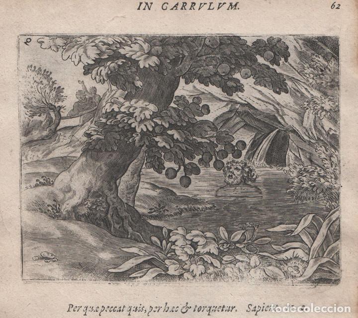 Arte: EMBLEMA s.XVII (1609), GRABADO COBRE, MIKROKOSMOS PARVUS MUNDUS, GERARD DE JODE, CASTIGO DE T&Aacute;NTALO