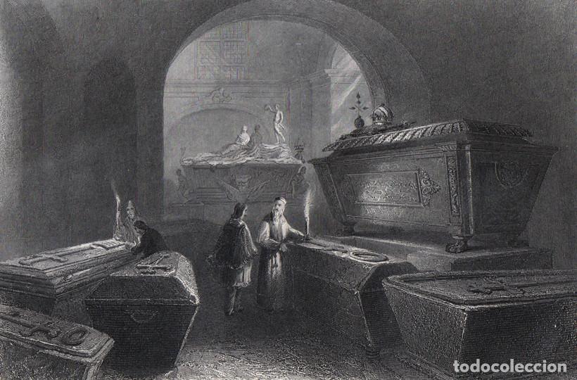 Arte: GRABADO AL ACERO 1873, CRIPTA IMPERIAL DE VIENA, DE LOS CAPUCHINOS, HABSBURGO, AUSTRIA, NEUEN MARKT