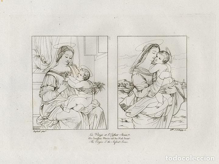 Arte: GRABADO L&Iacute;NEA COBRE DE 1819, DOS VIRGEN Y NI&Ntilde;O JES&Uacute;S, DE RAFAEL SANZIO, GRAV&Oacute; MADEMOISELLE D'ALOIGNY