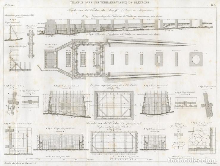 Arte: GRABADO INGENIER&Iacute;A CIVIL 1864, TRABAJOS DE CIMENTACI&Oacute;N DEL VIADUCTO FERROVIARIO DE LORIENT-LANESTER