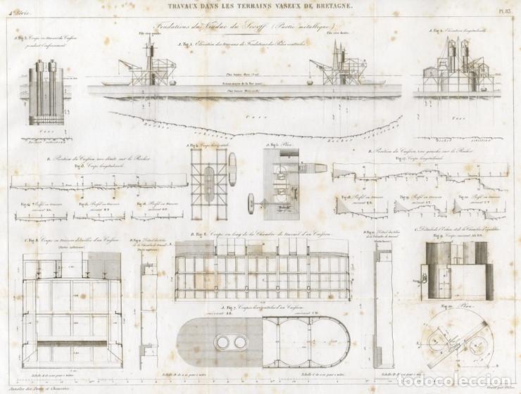 Arte: GRABADO INGENIER&Iacute;A CIVIL 1864, TRABAJOS DE CIMENTACI&Oacute;N DEL VIADUCTO FERROVIARIO DE LORIENT-LANESTER