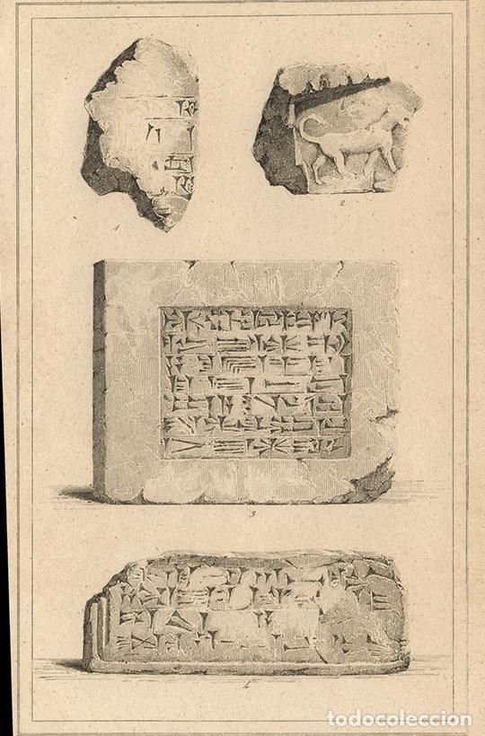Arte: GRABADO AL ACERO DE 1852, LADRILLOS CON ESCRITURA CUNEIFORME, ANTIGUA MESOPOTAMIA, DE LEMA&Icirc;TRE