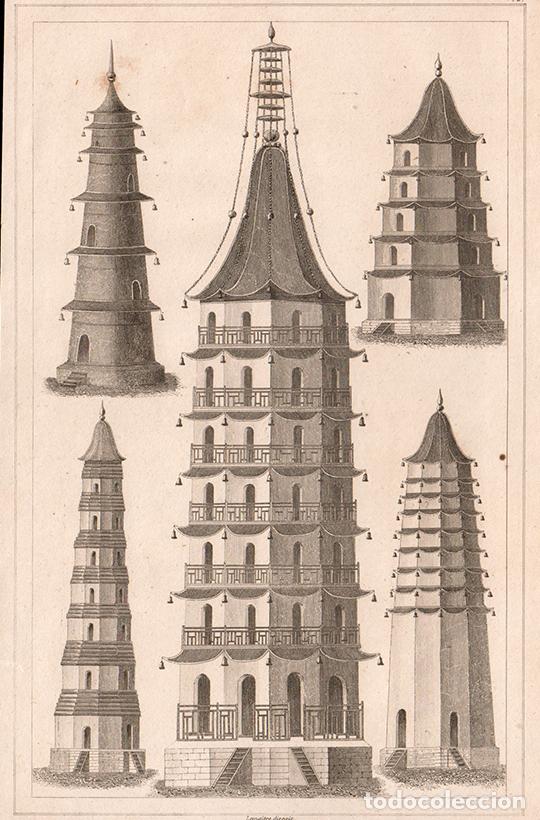 Arte: GRABADO AL ACERO DE 1853, TORRES CHINAS DE LA &Eacute;POCA MING-QING, ANTIGUA CHINA, DE LEMA&Icirc;TRE