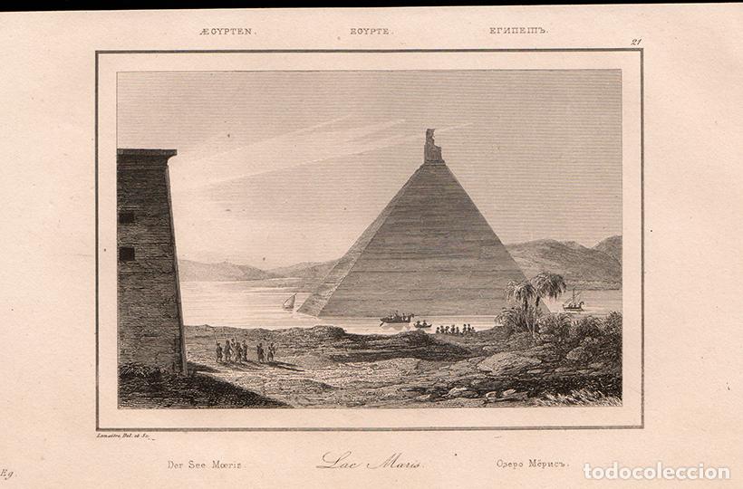 Arte: GRABADO AL ACERO DE 1839, LAGO MOERIS Y PIR&Aacute;MIDE ROJA DE DAHSHUR, ANTIGUO EGIPTO, DE LEMA&Icirc;TRE
