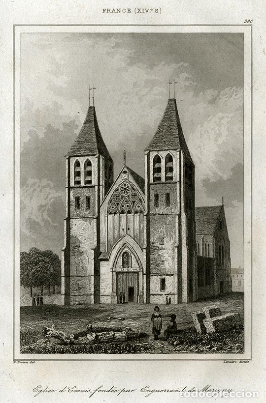 Arte: GRABADO AL ACERO DE 1842, VISTA DE LA COLEGIATA DE &Eacute;COUIS, NORMAND&Iacute;A, FRANCIA, DE LEMA&Icirc;TRE