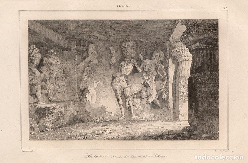 Arte: GRABADO AL ACERO DE 1845, FIGURAS ESQUEL&Eacute;TICAS EN LAS GRUTAS DE ELLORA, LA INDIA, DE LEMA&Icirc;TRE