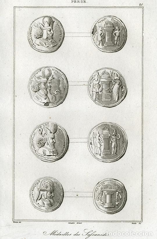 Arte: GRABADO AL ACERO DE 1841, MEDALLAS DE LOS SAS&Aacute;NIDAS, ANTIGUA PERSIA, IR&Aacute;N, DE LEMA&Icirc;TRE