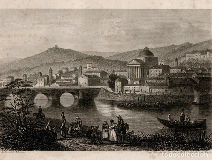 Arte: GRABADO AL ACERO DE 1858, VISTA DE TUR&Iacute;N, ITALIA, PIAMONTE, GRAN MADRE DE DIO, R&Iacute;O PO. J. SCHROEDER