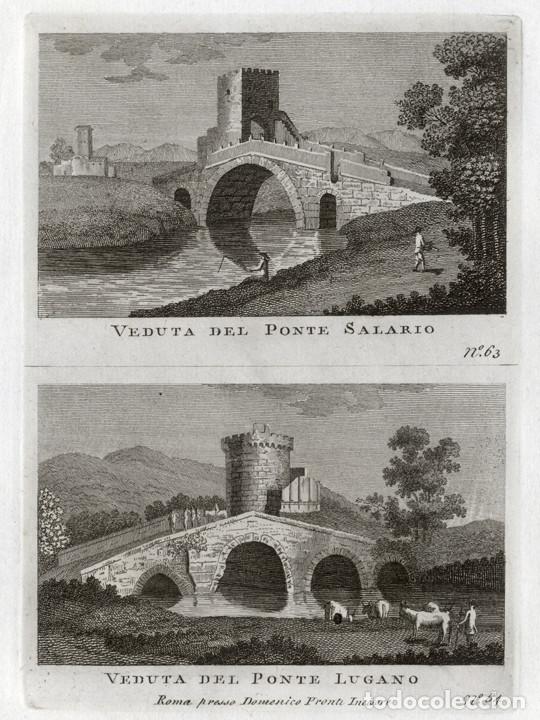 Arte: GRABADO A BURIL DE 1795, DOS VISTAS DE ROMA, GRAV&Oacute; DOMENICO PRONTI. PUENTE SALARIO Y PUENTE LUCANO