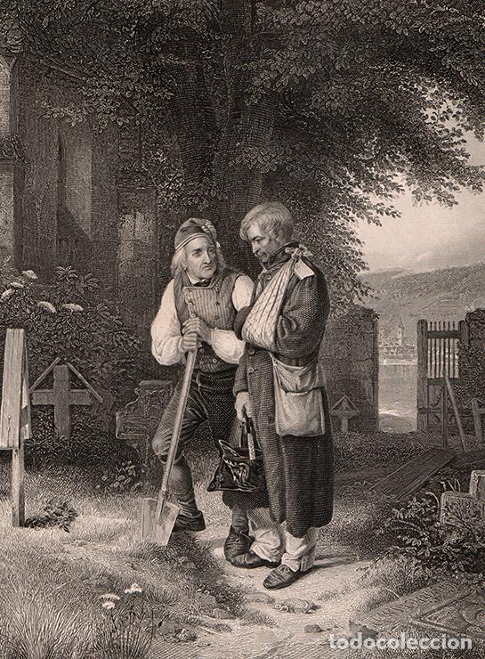 Arte: GRABADO AL ACERO DE 1849, RETORNO DEL SOLDADO HERIDO, DE JAKOB BECKER. GRAB&Oacute; A. H. PAYNE, M&Uacute;NICH
