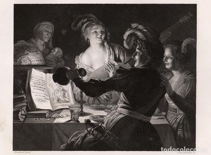 Arte: GRABADO AL ACERO DE 1849, EL ESTUDIANTE DISOLUTO, DE GERARD VAN HONTHORST. FLEISCHMANN. A. H. PAYNE