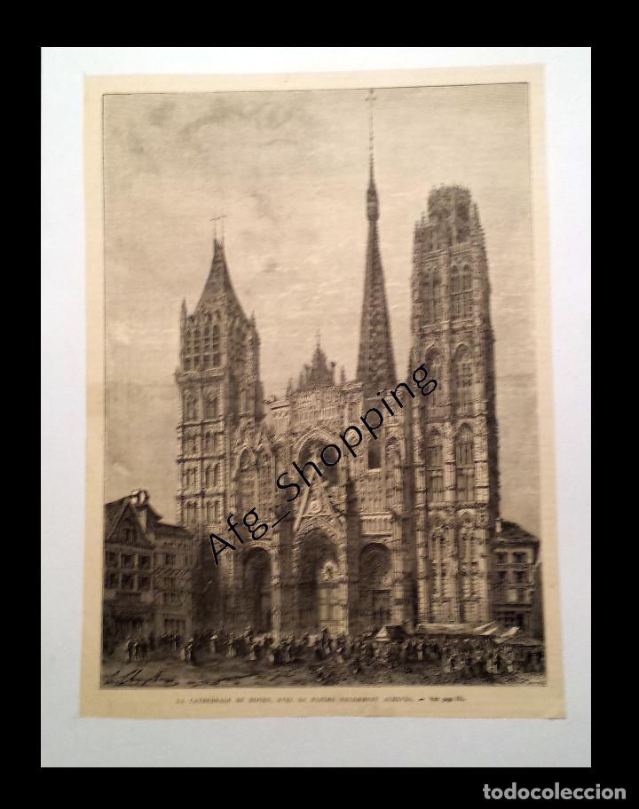 Arte: catedral de Rouen - Huecograbado de 1890 - Foto 1