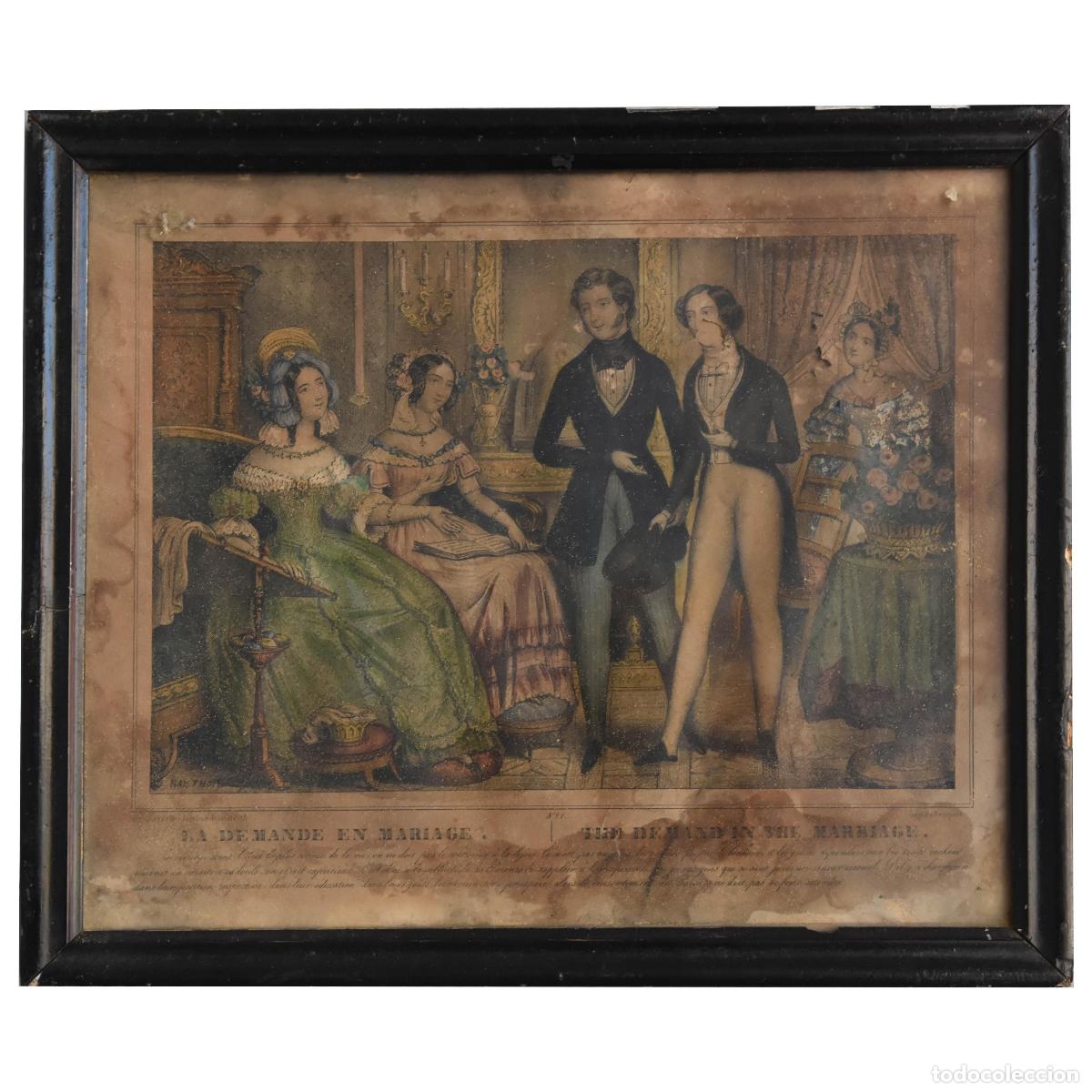 Arte: Gravure polychrome la demande en mariage tr&egrave;s ab&icirc;m&eacute; - Foto 1