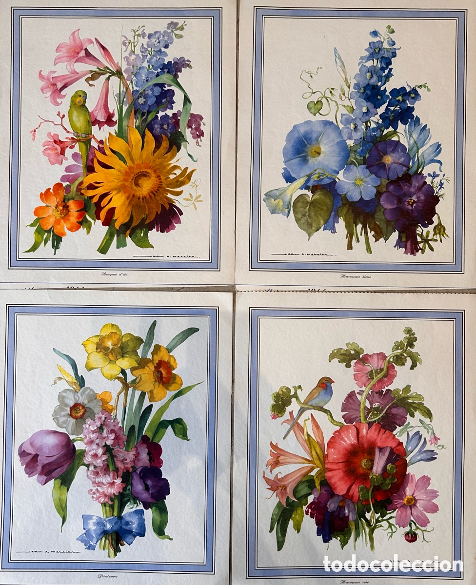 Kunst: Lote de 4 l&aacute;minas florales decorativas con aves &ndash; estilo bot&aacute;nico vintage