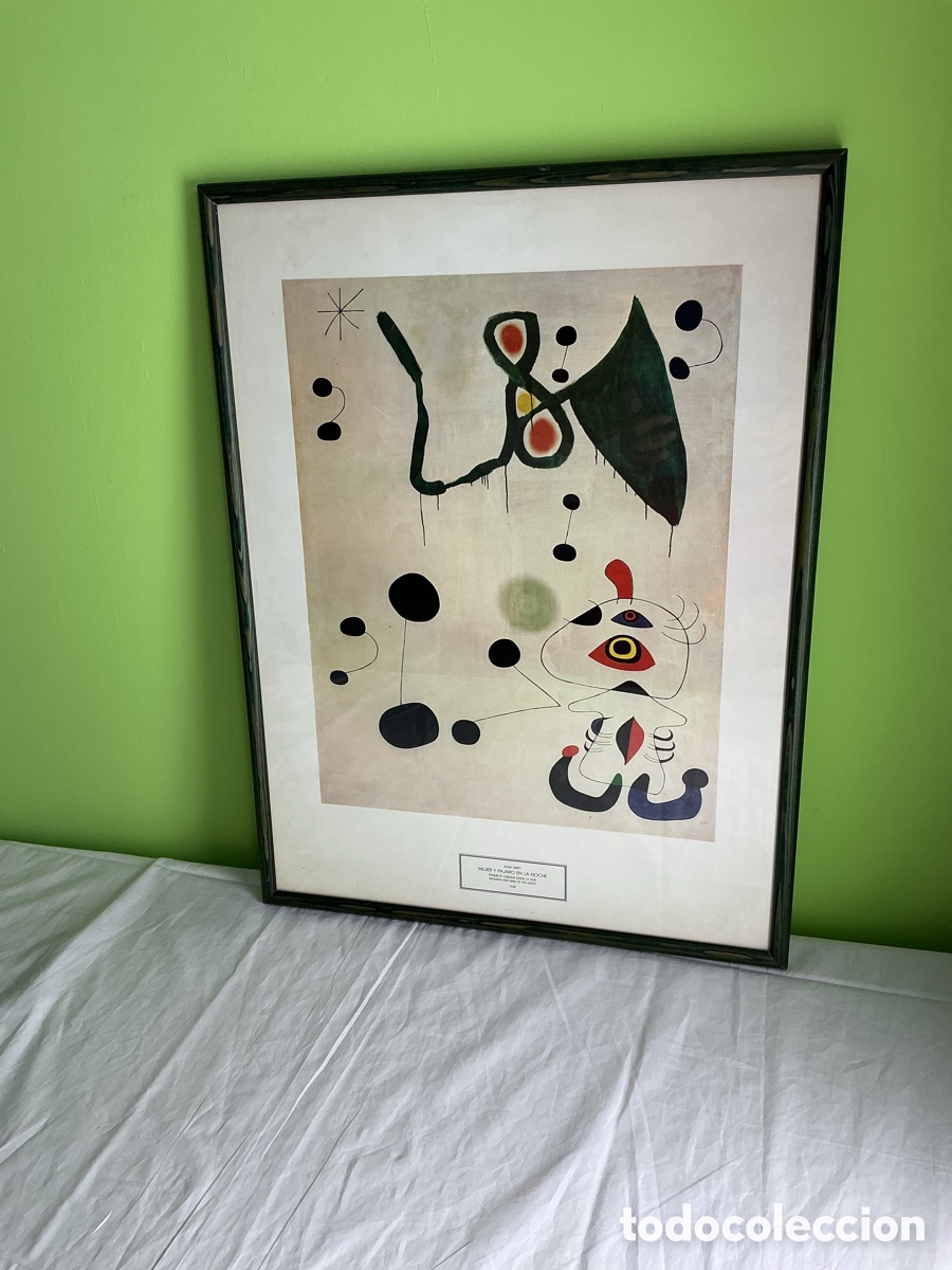 Arte: Joan Mir&oacute; &ndash; Mujer y P&aacute;jaro en la Noche 1945 &ndash; Litograf&iacute;a Enmarcada Bajo Cristal