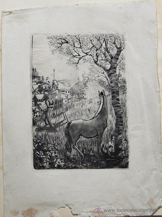 Art: 2035.- Grabado 13x18. Paisaje pintor y caballo