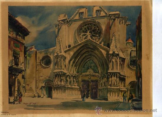 Arte: LAMINA , TARRAGONA ,ACUARELA DE G.FRESQUET doblada por la mitad , ni nun. ...