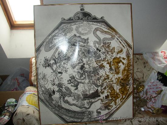 Arte: Bonita l&aacute;mina, mapa antiguo con representaci&oacute;n art&iacute;stica  de las constelaciones y zodiacal. 104x92 c