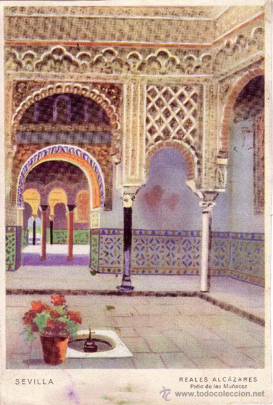 Kunst: PRECIOSA LAMINA DE 15X22 DE LOS REALES ALCAZARES - PATIO DE LAS MU&Ntilde;ECAS - SEVILLA