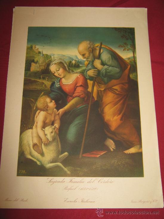 Kunst: PRECIOSA LAMINA DE ANTIGUO CALENDARIO 24X35 CM - LA SAGRADA FAMILIA DEL CORDERO DE RAFAEL 1483/1520
