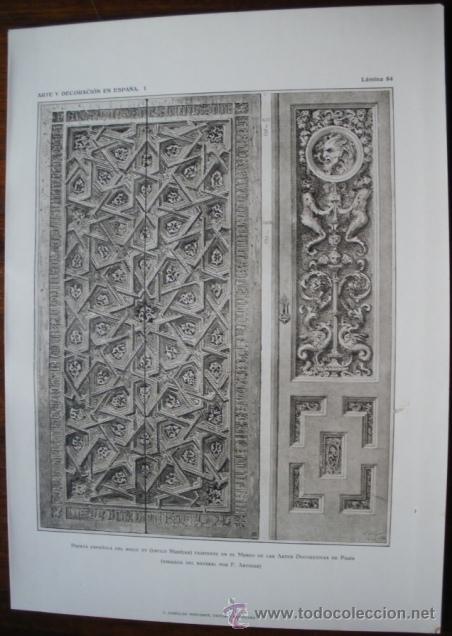 Kunst: LAMINA ORIGINAL DE 1917.PUERTA ESPA&Ntilde;OLA S. XV. ESTILO MUDEJAR. ARTE Y DECORACI&Oacute;N EN ESPA&Ntilde;A I. N&ordm;84