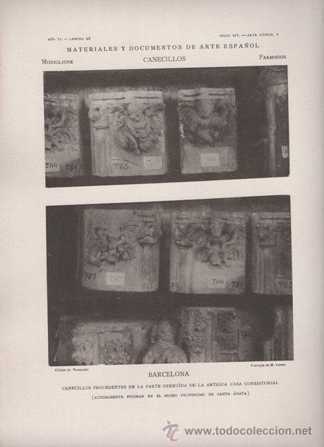 Kunst: FOTOTIPIA ORIGINAL DE 1906. BARCELONA. CANECILLOS ANTIGUA CASA CONSISTORIAL. A&Ntilde;O VI LAMINA 28