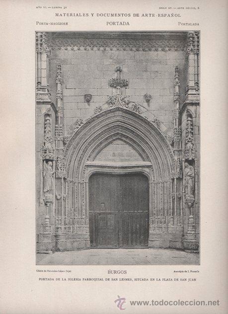 Art: AUTOTIPIA ORIGINAL DE 1906. BURGOS. PORTADA IGLESIA PARROQUIAL DE SAN LESMES. A&Ntilde;O VI LAMINA 31
