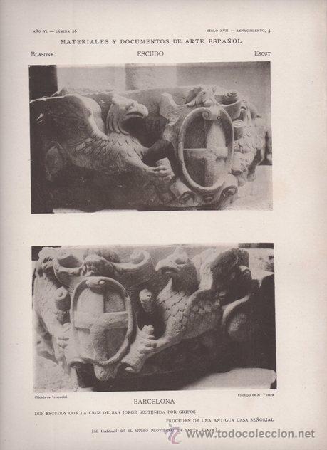 Art: FOTOTIPIA ORIGINAL DE 1906. BARCELONA. ESCUDOS CON LA CRUZ DE SAN JORGE.  A&Ntilde;O VI LAMINA 26