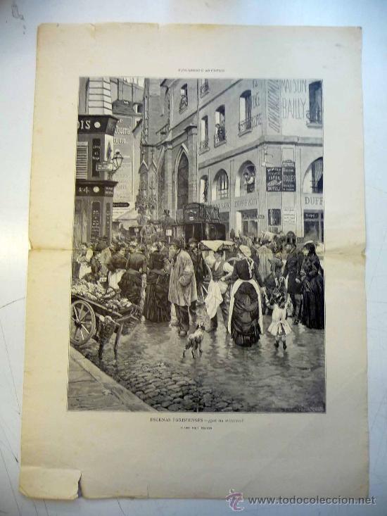 Kunst: LAMINA, SUPLEMENTO ARTISTICO, ESCENAS PARISIENSES, CUADRO POR J. PELLICER, 60 X 43 CM