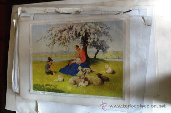Kunst: ANTIGUA L&Aacute;MINA COLOR. ALEMANIA. 42 X 32. VIRGEN CON NI&Ntilde;O, PASTOR FLAUTISTA Y OVEJAS.