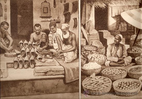 Art: LAMINA INGLESA - ZAPATEROS EN INDIA-PUESTO DE FRUTAS EN INDIA
