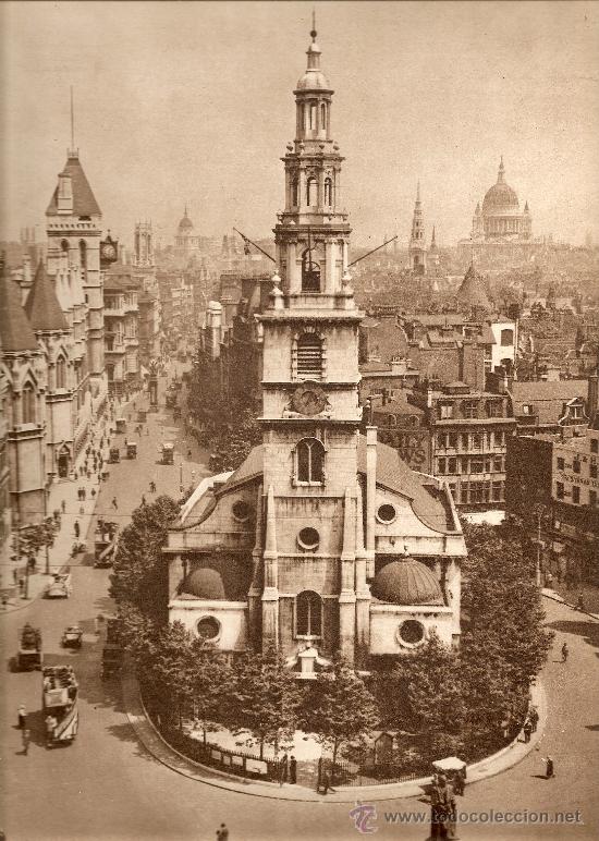Art: LAMINA INGLESA EN CARTULINA - VISTA DE FLEET STREET DESDE SAN CLEMENT DANES