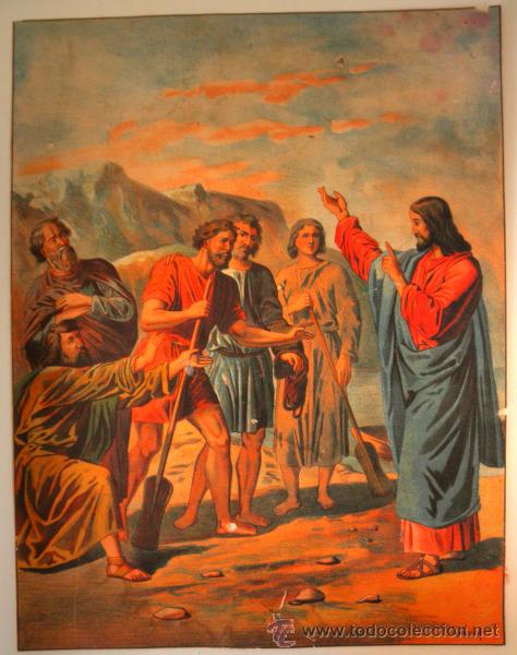 Art: ANTIGUA LAMINA * JESUS CON LOS PESCADORES * 35CM X 27,5CM