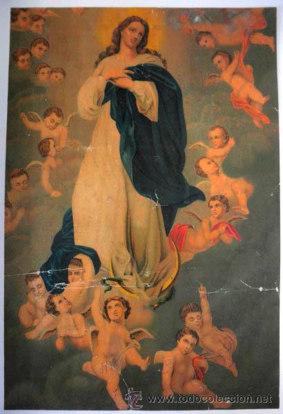 Art: ANTIGUA LAMINA * VIRGEN CON ANGELES * ASUNCION 39CM X 26CM