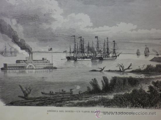 Arte: LAMINA, LAMINA ANTIGUA, AMERICA DEL NORTE, MISSISSIPPI, BARCO A VAPOR, 22 X 32 CM