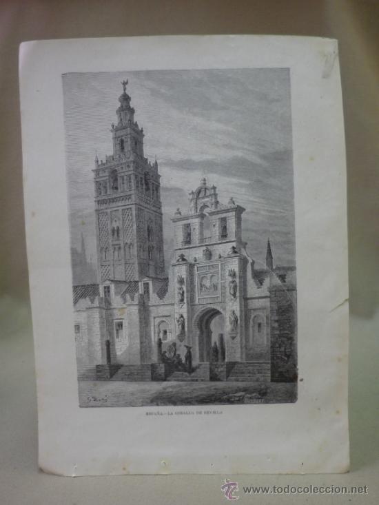 Arte: LAMINA, LAMINA ANTIGUA, ESPA&Ntilde;A, LA GIRALDA DE SEVILLA, 22 X 32 CM