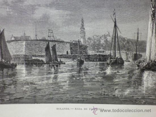 Arte: LAMINA, LAMINA ANTIGUA, HOLANDA, RADA DE FLESSINGA,  22 X 32 CM