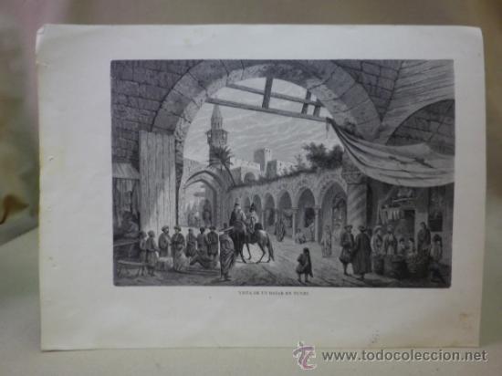 Arte: LAMINA, LAMINA ANTIGUA, VISTA DE UN BAZAR EN TUNEZ,  22 X 32 CM