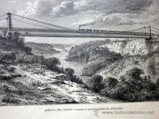 Art: LAMINA, LAMINA ANTIGUA, AMERICA DEL NORTE, PUENTE SOBRE EL NIAGARA,  22 X 32 CM